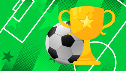 Obraz premium Football soccer ball and golden trophy on green field background