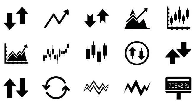 Finance icons set displays various market trends and trading signals using sharp black silhouettes on white.
