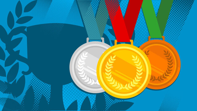 Gold, silver and bronze medals with trophy and laurel on blue sports background