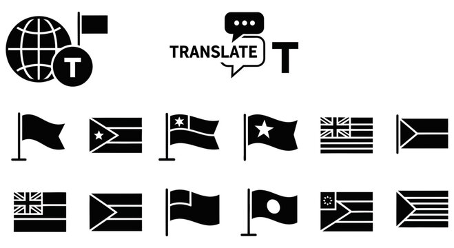 Global communication and translation symbols featuring a world globe and various national flags.