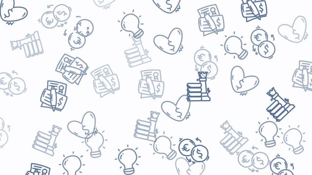 Seamless pattern of financial and creative doodles in blue tones