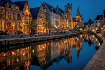 Obraz premium Ghent Nighttime Reflection In Canal Dramatic Belgium
