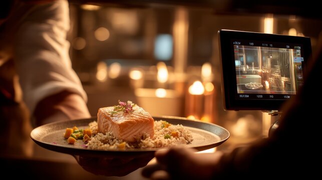 Chef presenting salmon dish on plate. Food videography production in restaurant kitchen. Professional filming of healthy high protein meal for content creation and culinary concept.