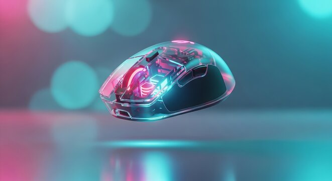 Clear ergonomic gaming mouse showcasing internal mechanics and vibrant cyan magenta lighting.