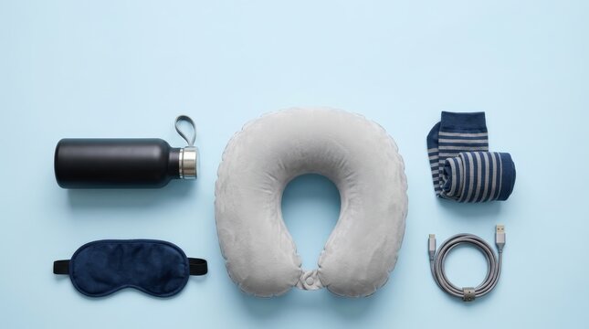 Product only flat lay of compact rest accessories for budget air travel