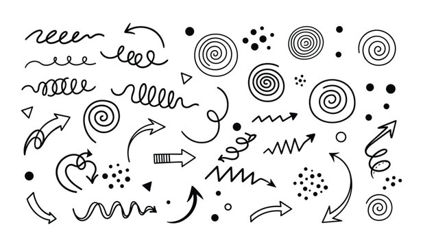 Black and white abstract doodles with spirals arrows dots and lines