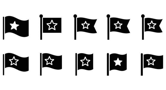 Set of black and white flag vector icons with stars