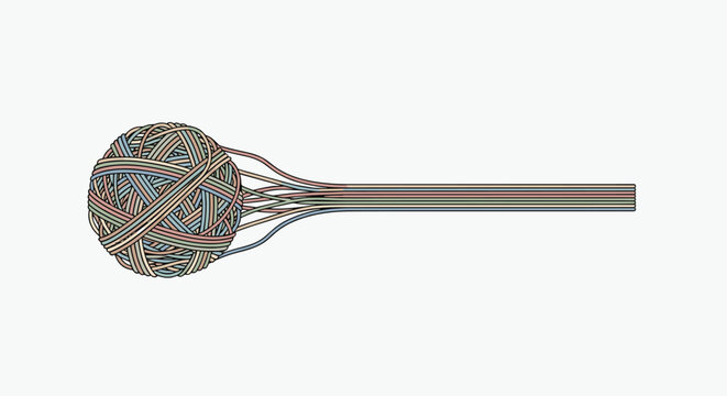 A ball of tangled colorful yarn or thread unraveling into straight parallel lines, Generative AI.