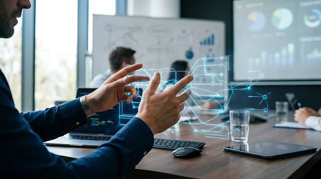 Business professional presenting data visualization with holographic charts and graphs during office meeting business visualization hologram presentation analytics corporate statistics