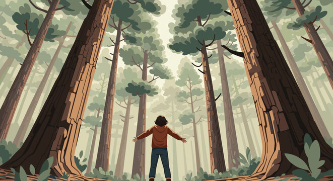 A person standing with arms outstretched in a majestic forest of tall redwood trees looking up at the canopy in awe and wonder, Generative AI.