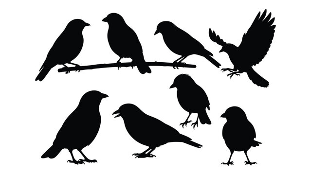 Bird silhouettes collection black shapes of sparrows and finches on white background