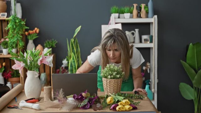 Middle age woman florist in green apron leans over laptop arranging flowers and bouquets on a worktable in a studio; focused creativity.