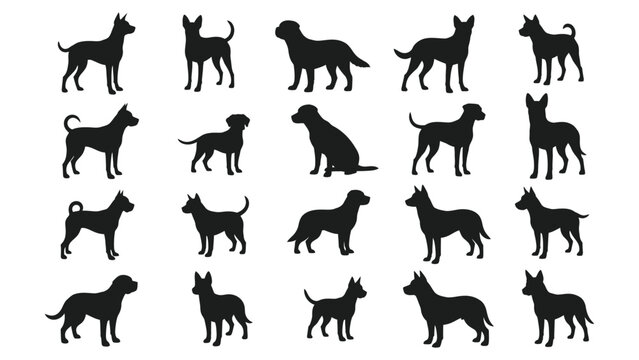 Dog silhouettes collection various breeds and poses black on white high quality