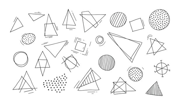 Collection of hand-drawn geometric shapes including triangles circles squares and patterns