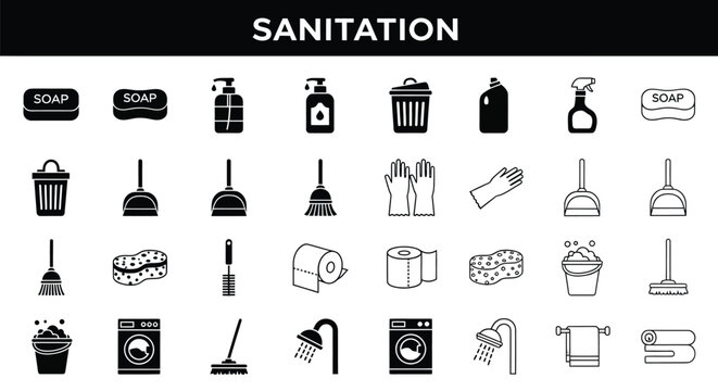 Sanitation Icons: A comprehensive set of sanitation icons featuring cleaning essentials, perfectly suited for illustrating cleanliness and hygiene concepts.