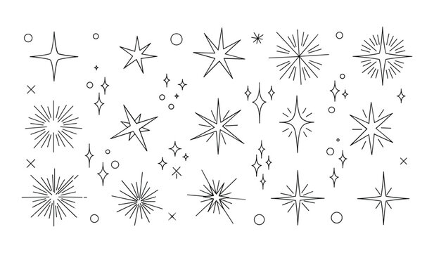 Collection of hand drawn stars bursts and sparkles in black and white