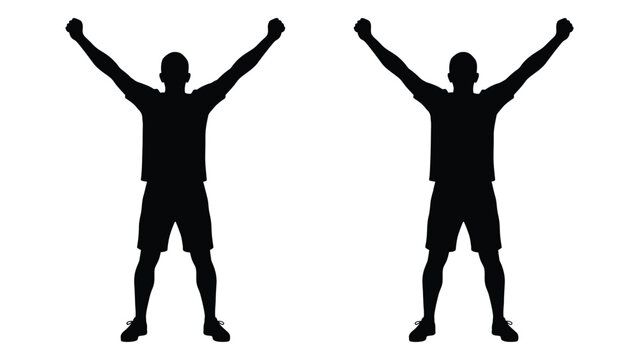 Silhouettes of two men with arms raised in celebration against a white background