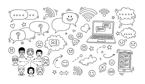 Doodle with of people communication speech bubbles mobile devices wifi signals and emojis dialogue