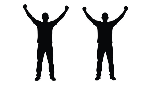 Silhouettes of two people with arms raised in celebration against a white background