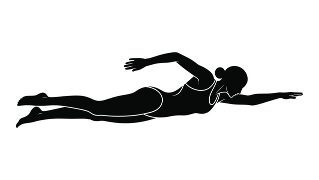 Swimmer silhouette black and white illustration of a woman swimming freestyle on white background