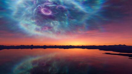 Surreal Aurora Sunset Over Mountain Lake With Vibrant Sky Reflection — 3D Rendering Landscape © edb3_16