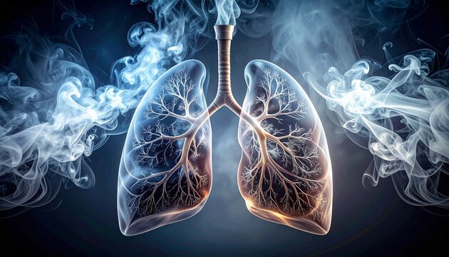 Detailed human lungs with visible bronchial tree, surrounded by swirling smoke, symbolizing respiratory fragility and harmful inhalation effects.