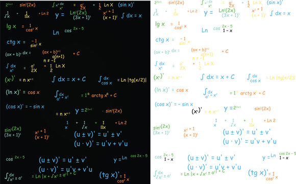 Mathematical formulas and calculus equations vector set, colorful handwritten math symbols on black and white backgrounds, educational physics and algebra theory
