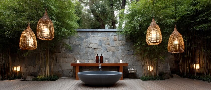 Luxury outdoor pool with greenery background, relaxation concept, resort lifestyle, modern design, vacation atmosphere.