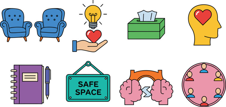 Safe Space and Mental Health Icon Set with Chairs, Light Bulb, Heart, Tissue Box, Safe Space Sign, and Counseling Symbols