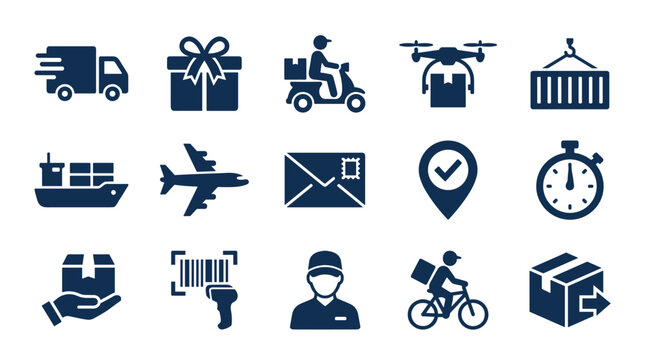 Comprehensive Logistics and Delivery Icons: Truck Gift Drone Shipping Mail Track Timer