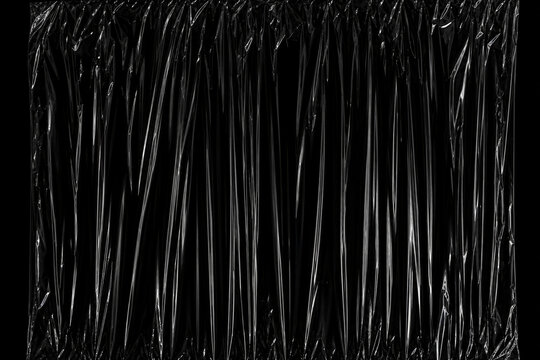 Transparent plastic wrap with visible crumpled texture and light reflections against a deep black surface, ideal for design elements, packaging concepts, and protective overlay effects.