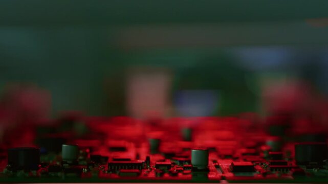 Optical analysis diagnostics of an electronic circuit board. Machine for checking connection of chips and transistors. Camera checks microchips with light. Scan inspection, production. Manufacturing