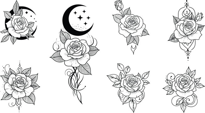 Elegant black and white rose tattoo illustrations with celestial moon stars floral decorative line art botanical design for artistic stock collection