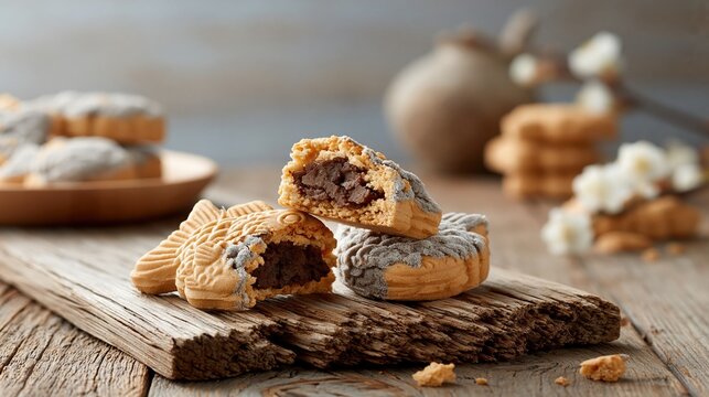 古材の上に置かれたたい焼き。中身のあんこが見える断面。素朴な雰囲気の和菓子とティーセット