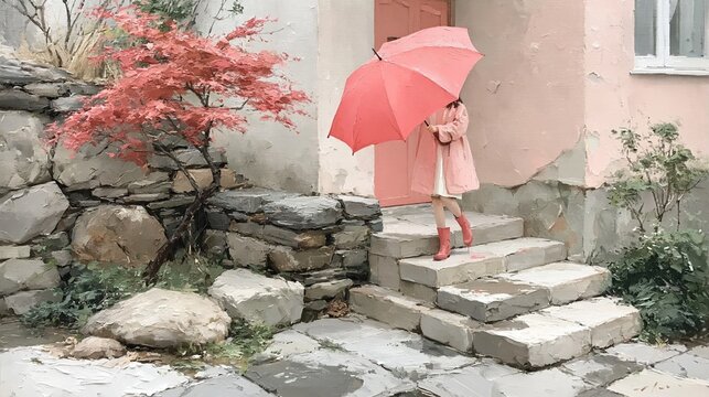 赤い傘を差して石段を降りるピンクのコートの女性。秋の紅葉と古い民家の玄関先。油彩画風のイラストレーション