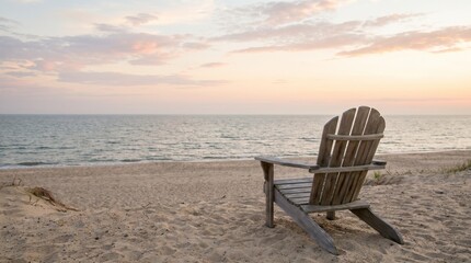 Fototapeta premium wooden beach chair facing serene ocean sunset with golden sky and gentle waves for summer relaxation and travel inspiration
