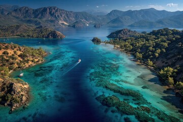 Naklejka premium Aerial View of Turquoise Bay and Lush Mountains