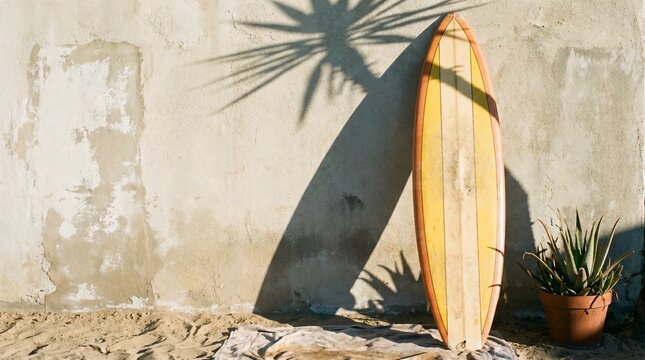 vintage wooden surfboard leaning against textured wall with tropical palm shadow and potted plant in warm sunlight