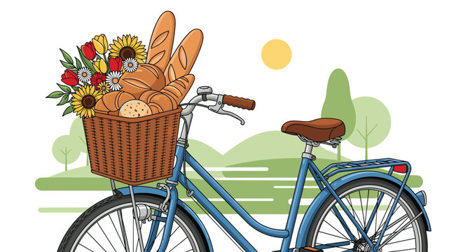 Blue bicycle with a wicker basket full of fresh bread pastries and a colorful bouquet of flowers in a sunny countryside landscape, Generative AI.