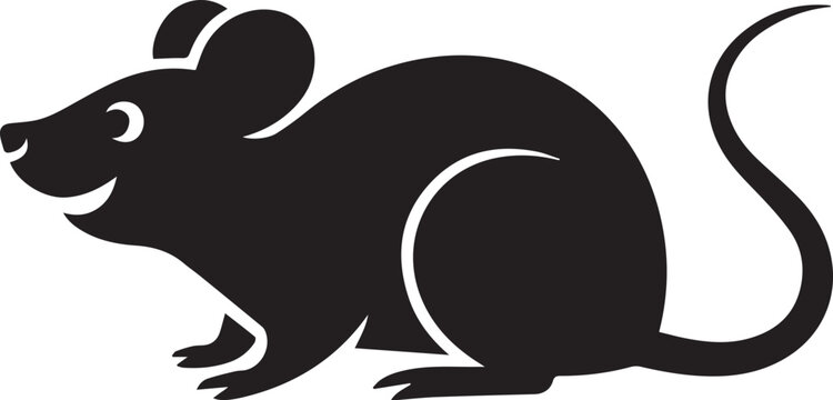 A black silhouette of a mouse isolated on white background with a long tail and ears