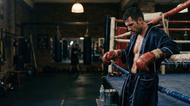 Solo retro boxer leaning against corner ropes between rounds