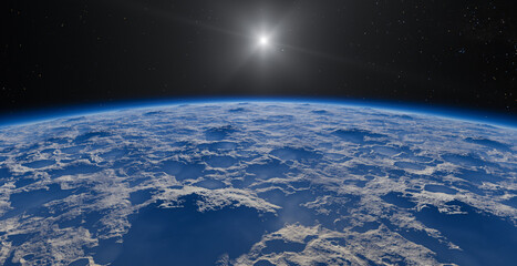 Fototapeta premium Planet Horizon Over Cratered Surface With Sunlight in Space — 3D Rendering View From Orbit