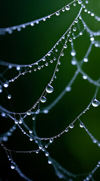 Closeup view of delicate morning dew drops beautifully clinging to spider web strands in nature