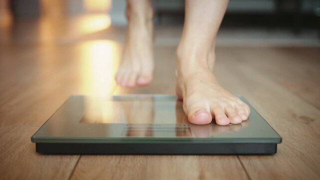 Close up person legs bare feet stepping onto weighing scale at home. Healthy lifestyle weight awareness concept. Woman weight lose standing on scales measure weight. Fitness diet BMI woman slimming.