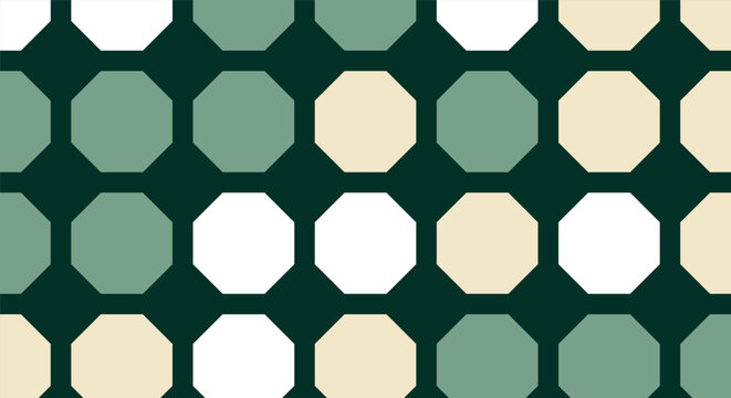 Geometric pattern of green, beige, and white octagons on dark background