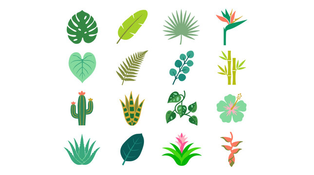 Vibrant Collection of Diverse Tropical Plants Leaves and Flowers Icons