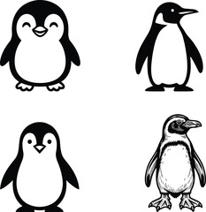Fototapeta premium Vector set of black and white penguin illustrations featuring cute cartoon characters and realistic silhouettes for nature and wildlife design