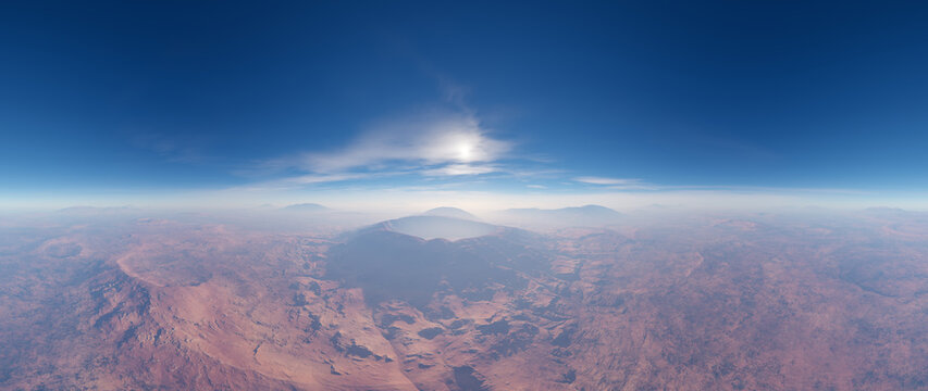 Aerial View Of Alien Desert Planet With Cratered Landscape And Distant Mountains &mdash; 3D Rendering