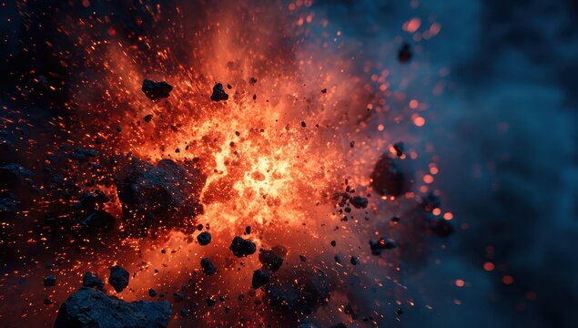 Bright orange explosion with flying dark rock fragments and glowing embers against a dark blue background in a high energy cinematic abstract space scene composition