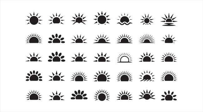 Sun icons mega set with sunrise sunset and solar symbols in minimalist silhouette style